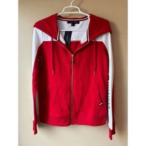 Tommy Hilfiger Red and White Full Zip Hooded Sweatshirt Women's Size Small